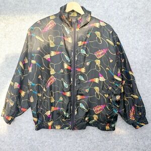 Vintage 90s Bomber Silk‎ Jacket Adult M Black Tassels Ropes Full Zip SILK ROAD